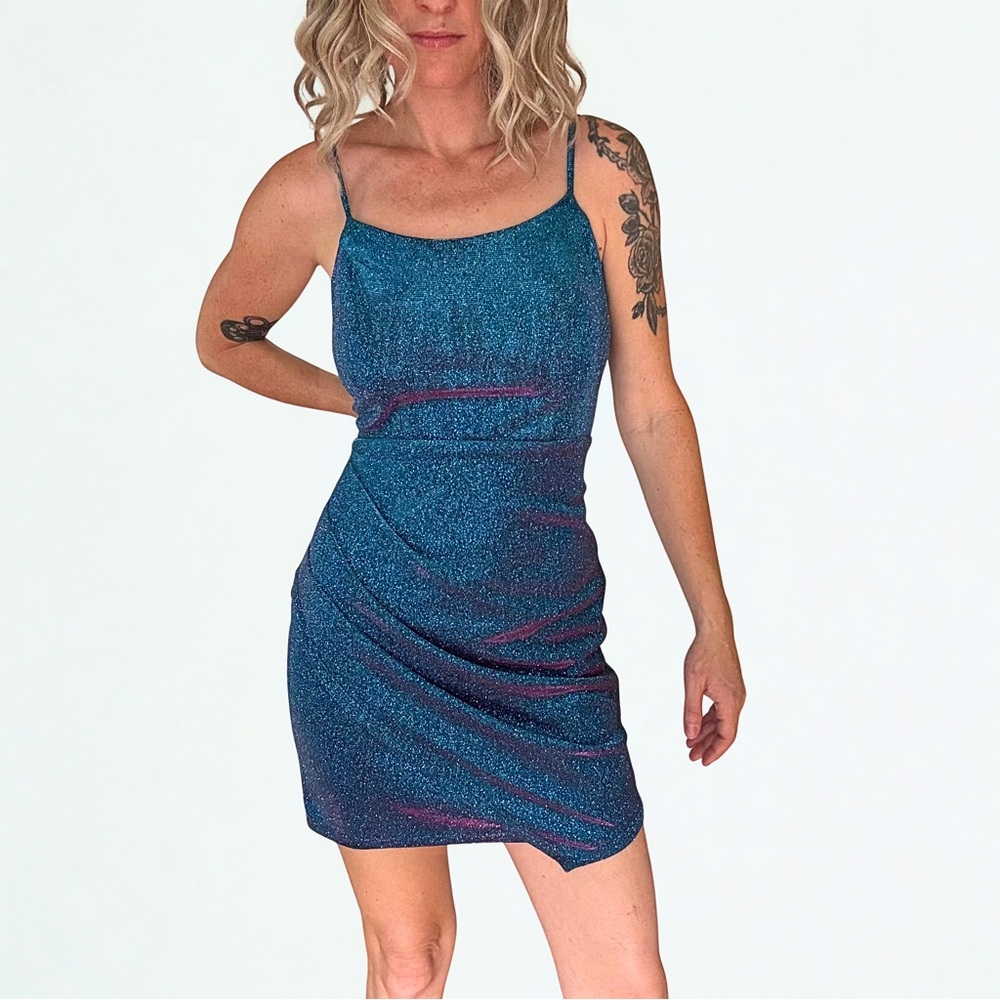 Crystal Sky Glittery Mini Dress Women’s M Mermaid Rave Y2K 90s Asymmetrical Glam
